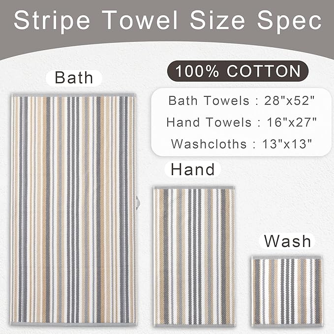 Cotton Towels Set of 3, 3PC Striped Towels - 100% Cotton & Quick Dry - 1 Soft Bath 28"x52", 1 Absorbent Hand 16"x27", 1 Lightweight Washcloth 13"x13", Tan Body Towel with Hanging loop, Gray + Beige