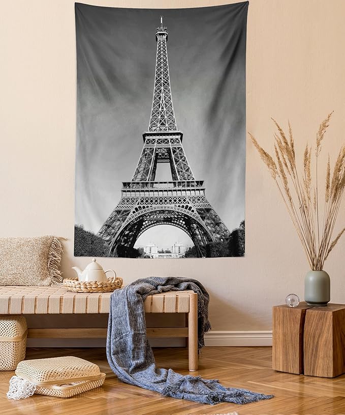 Ambesonne Eiffel Tower Tapestry, Paris Landmark Monochrome Picture of Cityscape European Urban Famous Place Image, Fabric Wall Hanging Decor for Bedroom Living Room Dorm, 23" X 28", Grey