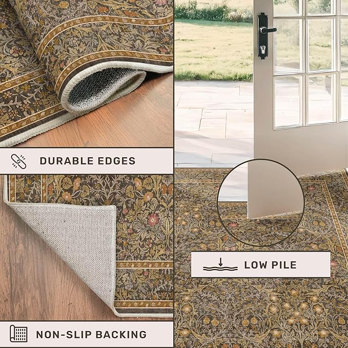Brown 2'6" x 10' Hallway Runner Rug Non Slip - Stain Resistant Washable Kitcehn Rug, 10ft Extra Long Entryway Indoor Mats, Soft Boho Vintage Gold Brown Floral Indoor Décor
