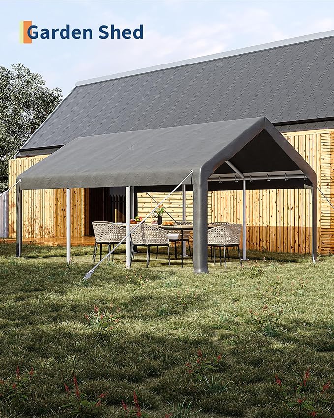 13x20 Ft Carport with 8 Sandbags, Car Port with 220g PE Tarp, 2 Roll-Up Doors, and 4 Windows, for Full-Size Pickups, Bass Boats, Tractors, and SUVs, Gray