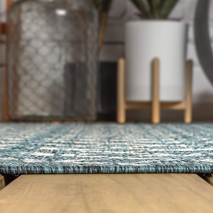 JONATHAN Y SMB108C-5SQ Ourika Moroccan Geometric Textured Weave Indoor Outdoor Area Rug, Bohemian, Rustic, Scandinavian Easy-Cleaning,Bedroom,Kitchen,Backyard,Patio,Non Shedding, Teal/Gray, 5' Square