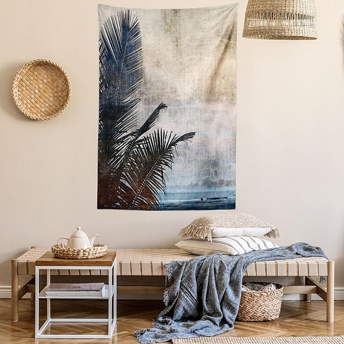Ambesonne Hawaiian Tapestry, Palm Tree Leaves on Grunge Background with Sea Vintage Waterscape Illustration, Fabric Wall Hanging Decor for Bedroom Living Room Dorm, 30" X 45", Beige Indigo