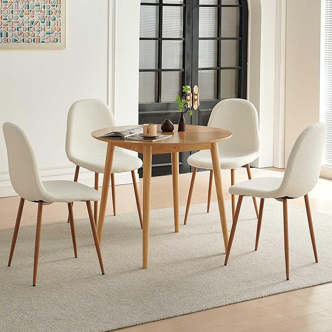 Small Oak Round Dining Table Set for 4, Modern 35'' Kitchen Coffee Table with 4 White Teddy Velvet Dining Chairs for Dining Room Apartment