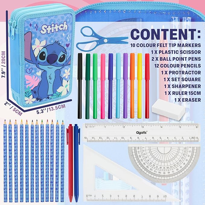 Disney Stitch Pencil Case for Girls Kids Tweens Colored Pencils Markers Pen Eraser Ruler Frozen School Supplies Stationary Gifts for Girls (Blue Stitch 2 Compartment)