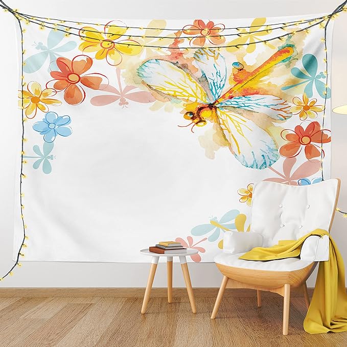 Ambesonne Dragonfly Tapestry, Abstract Grunge Vintage Design Moth Spring Flowers Floral Frame Art Print, Wide Wall Hanging for Bedroom Living Room Dorm, 60" X 40", Yellow Orange