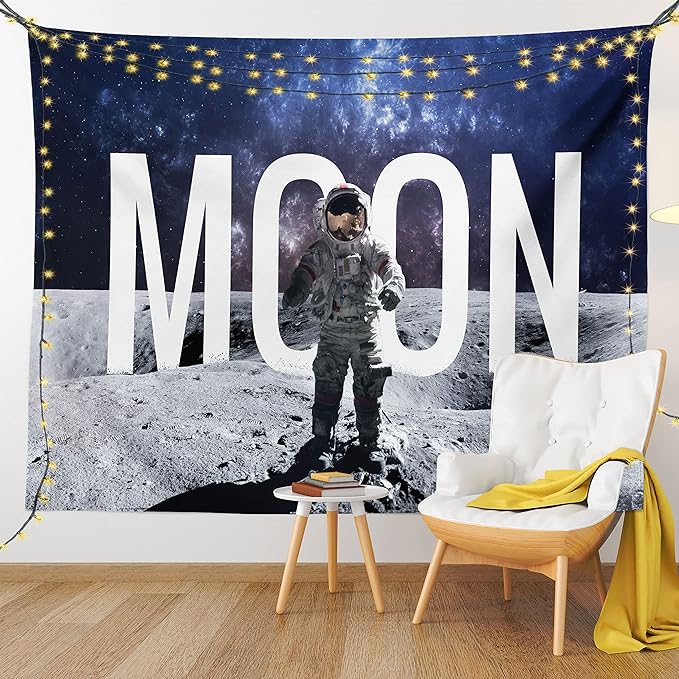 Ambesonne Outer Space Tapestry, Miniature Toy Astronaut on The Foreground of Giant Moon Big Bang Mars Print, Fabric Wall Hanging Decor for Bedroom Living Room Dorm, 45" X 30", Grey Blue