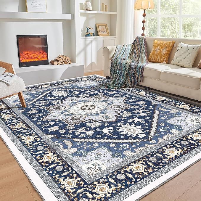 OPPODREAM Thin Area Rugs 9x12 Living Room, Washable Rugs 9x12 with Non Slip Backing, Faux Cashmere Low-Pile 9 x 12 Carpet, Navy Blue & Gold