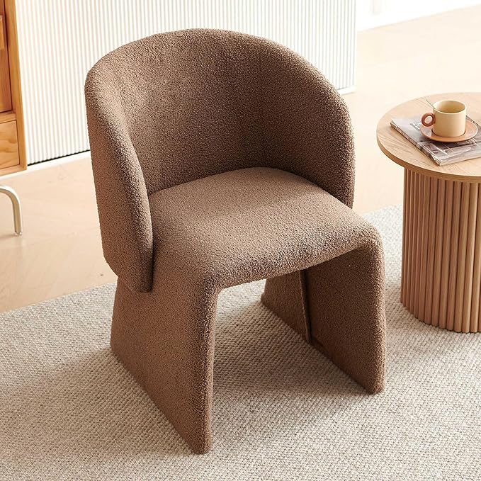 Modern Dining Chair Brown Upholstered Barrel Home Kitchen Chair with Metal Frame, Comfy Accent Chair Teddy Velvet Single Sofa Chair for Living Room,Bedroom