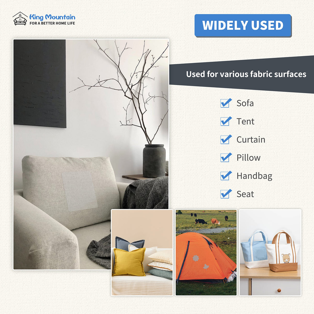KING MOUNTAIN Canvas Repair Patch 9 x11 Inch 2 Pcs Self-Adhesive Waterproof Fabric Patch for Sofas, Tents, Furniture,Tote Bags, Car Seats (Off White)