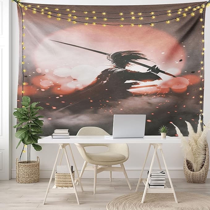 Ambesonne Japanese Tapestry, Reflection of Samurai Practicing Sunset Background Free from Death Concept, Fabric Wall Hanging Decor for Bedroom Living Room Dorm, 45" X 30", Salmon Umber