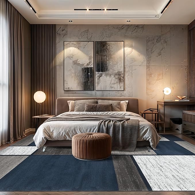 Rugshop Modern Geometric Boxes Navy Area Rug, Fade-Resistant Carpet for Large Living Room, Bedroom, or Open Space, 10' x 14'