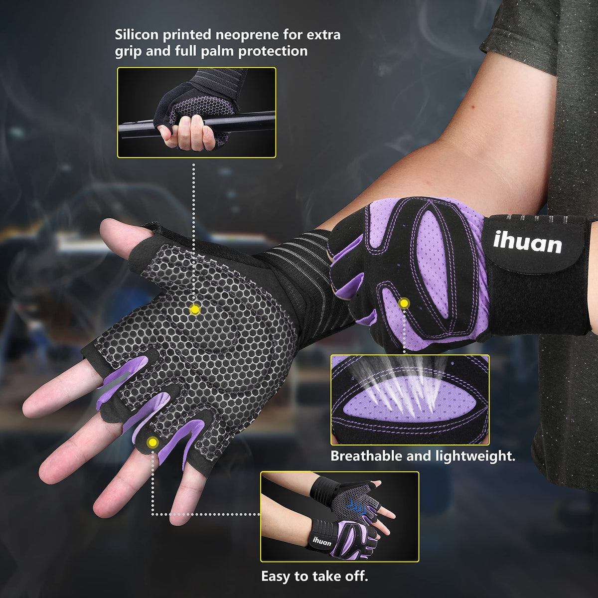 ihuan Ventilated Weight Lifting Gym Workout Gloves with Wrist Wrap Support for Men & Women, Full Palm Protection, for Weightlifting, Training, Fitness, Hanging, Pull ups