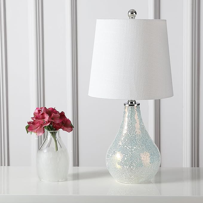 JONATHAN Y 20.5" Mosaic White Coastal Mini LED Table Lamp for Living Room Office, White Linen Drum Shade, Modern Mother of Pearl Bedside Nightstand Lamp, LED Bulb Included (JYL1024B)