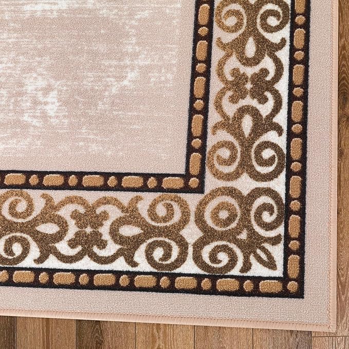 Antep Rugs Alfombras Bordered Modern 4x6 Non-Slip (Non-Skid) Low Pile Rubber Backing Indoor Area Rug (Beige, 4' x 5'8")