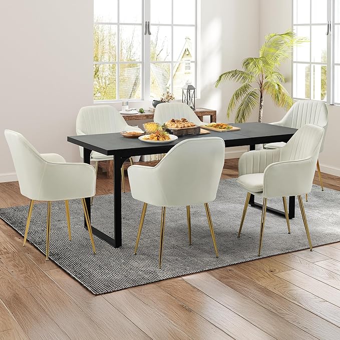 ECOTOUGE Modern Dining Chairs Set of 6, Upholstered Armchairs with Golden Metal Legs, Matte Velvet Kitchen Chairs for Dining Table, Accent Chairs for Living Room, Beige