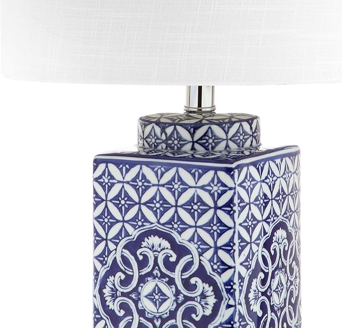 JONATHAN Y 23" Blue and White Chinoiserie Ceramic Table Lamp, Traditional Hand-Painted Bedside Lamp for Living Room Bedroom, White Linen Drum Shade, LED Bulb Included JYL3006A
