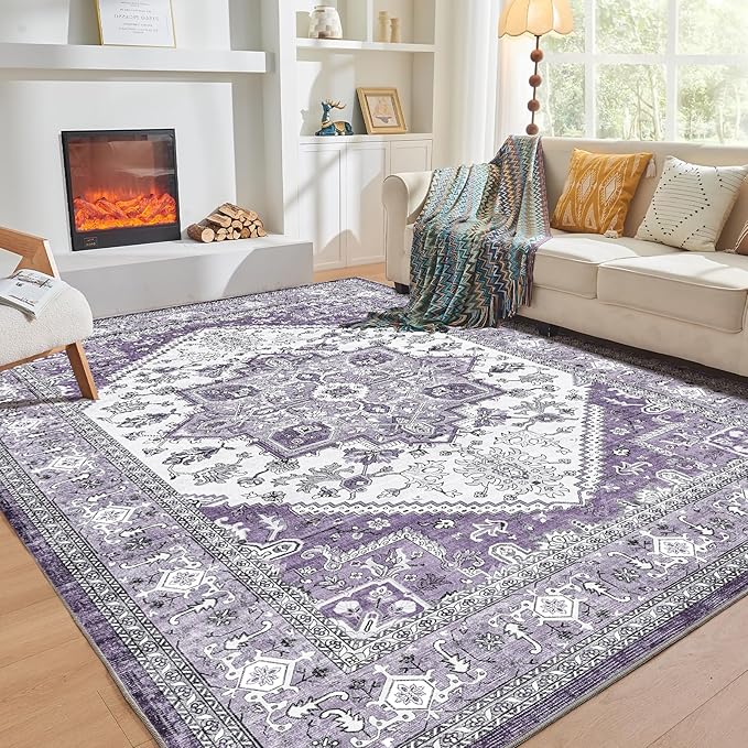 OPPODREAM Thin Area Rugs 9x12 Living Room, Washable Rugs 9x12 with Non Slip Backing, Faux Cashmere Low-Pile 9 x 12 Carpet, Purple