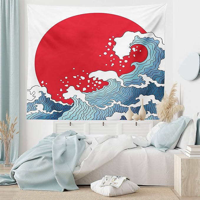 Ambesonne Japanese Wave Tapestry, Big Red Sun Setting Scenery Tropical Nautical Tsunami Swirls, Fabric Wall Hanging Decor for Bedroom Living Room Dorm, 23" X 28", Red Blue White