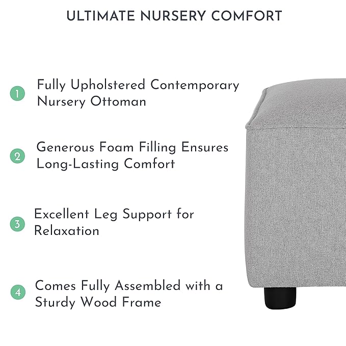 Evolur Holland Upholstered Ottoman in Light Grey, Foot Rest Stool for Nursing Moms, Tool-Free Assembly, Made for Every Décor