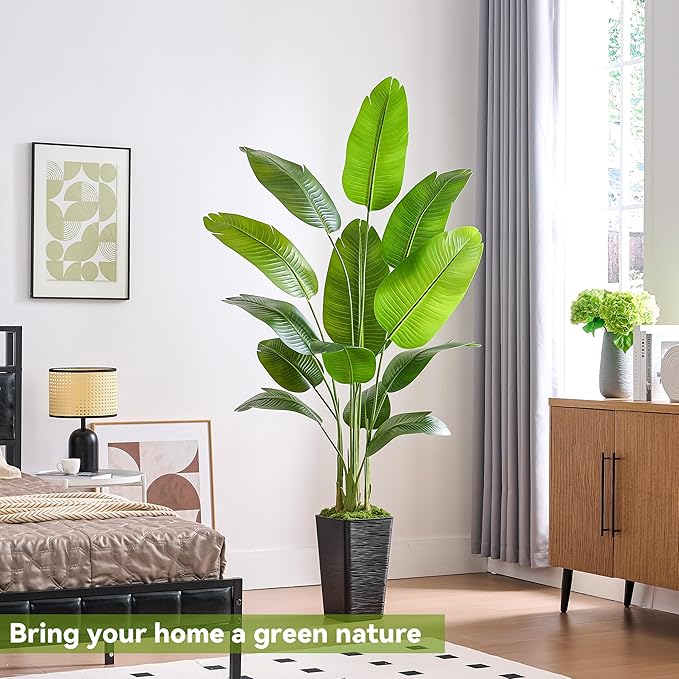 Bird of Paradise Artificial Plant, 6FT Faux Plants Indoor Banana Leaf Tree with 10 Leaves, Large Fake Tropical Potted Indoor Silk Floor Plant with White Tall Planter for House,Office,Room,Home Decor
