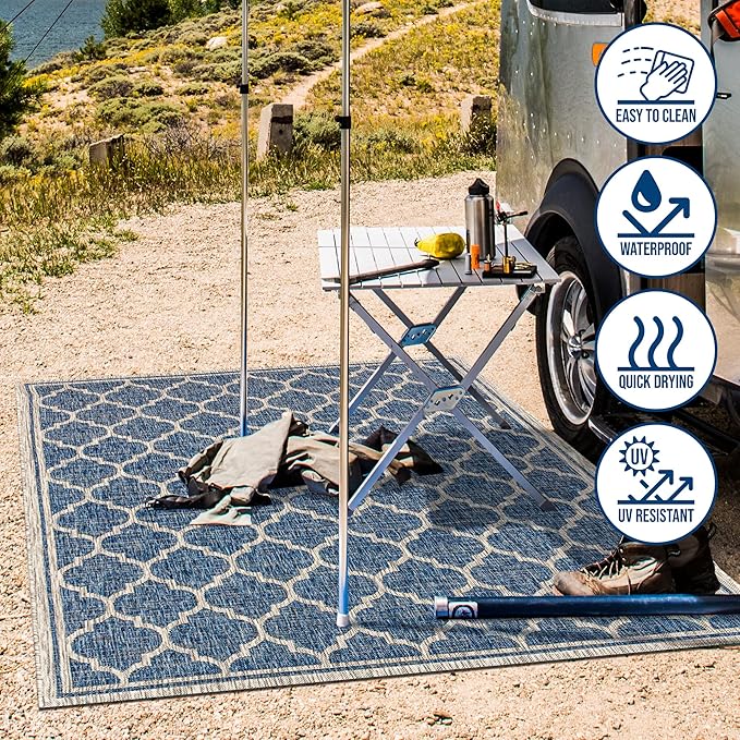 Eyely BMS109D-3R Santa Monica Trebol Moroccan Trellis Textured Weave, Pet Friendly, Non-Shedding, Stain Resistant, Easy-Cleaning, Navy/Gray, 3' Round, Indoor/Outdoor, Area Rug