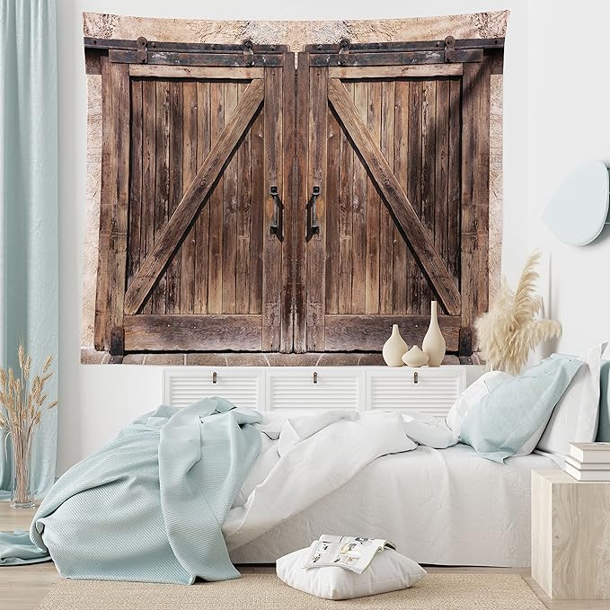 Ambesonne Rustic Tapestry, Wooden Barn Door in Stone Farmhouse Image Vintage Desgin Rural Art Architecture Print, Fabric Wall Hanging Decor for Bedroom Living Room Dorm, 28" X 23", Cream Brown