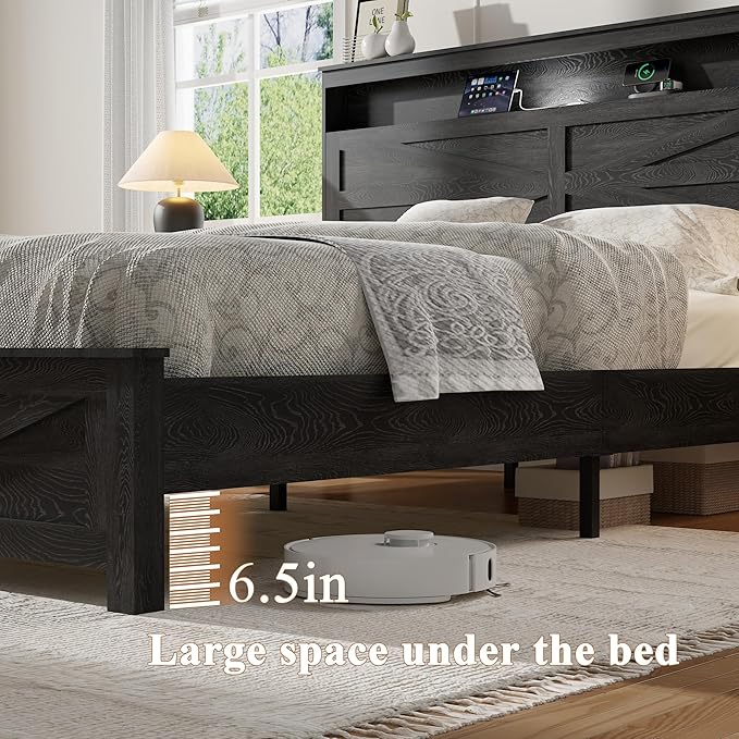 Farmhouse Wooden Bed Frame King Size with Storage Headboard, Boho Platform Bedframe with LED Lights and Charging Station, Metal Slats Support, No Box Spring Needed, Black