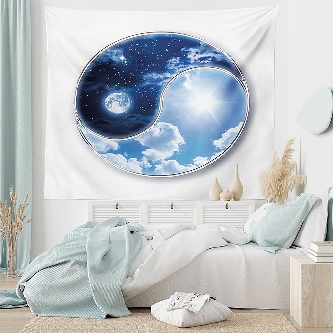 Ambesonne Space Tapestry, Yin Yang World Moon and Sun Harmony of the Universe Art Print, Fabric Wall Hanging Decor for Bedroom Living Room Dorm, 28" X 23", Navy Blue Sky Blue White