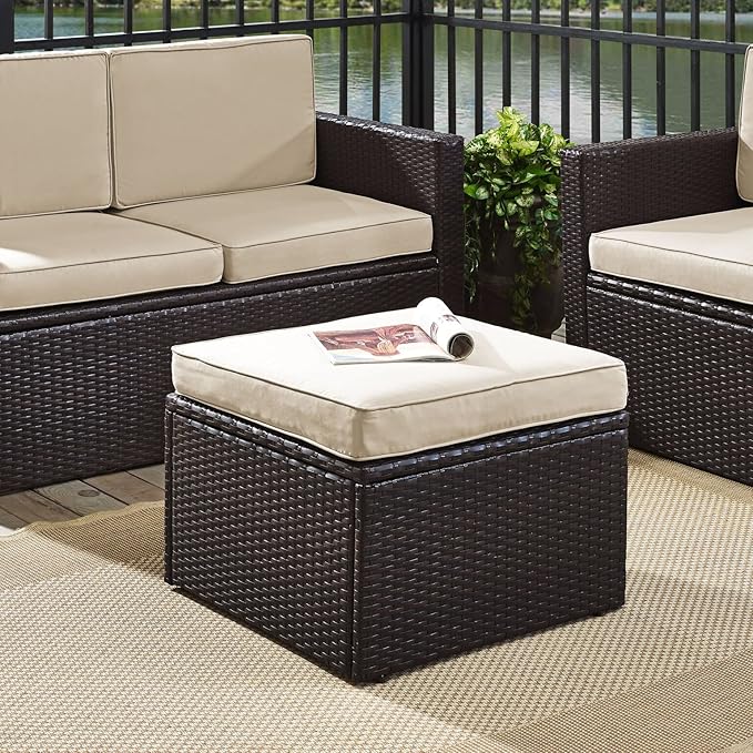 Crosley Furniture Palm Harbor Wicker Outdoor Ottoman Foot Rest for Patio, Deck, Porch, Brown with Sand Cushions