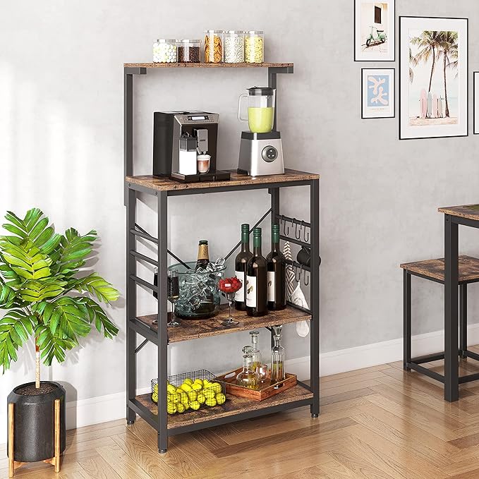 Yaheetech Bakers Rack on Wheels(16D x 24W x 50H Inches), Microwave Stand Cart Coffee Bar Stand with 6 Hooks, Kitchen Utility Storage Cart with Spice Rack, Rustic Brown