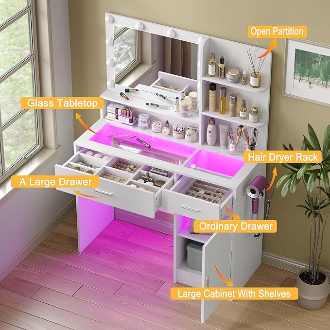Modern White Vanity Desk with Lighted Mirror & RGB Adjustable Brightness – Elegant Dressing Table with Glass Top & Power Outlet, Perfect for Women & Girls' Bedrooms - 36 Lighting Modes (White)