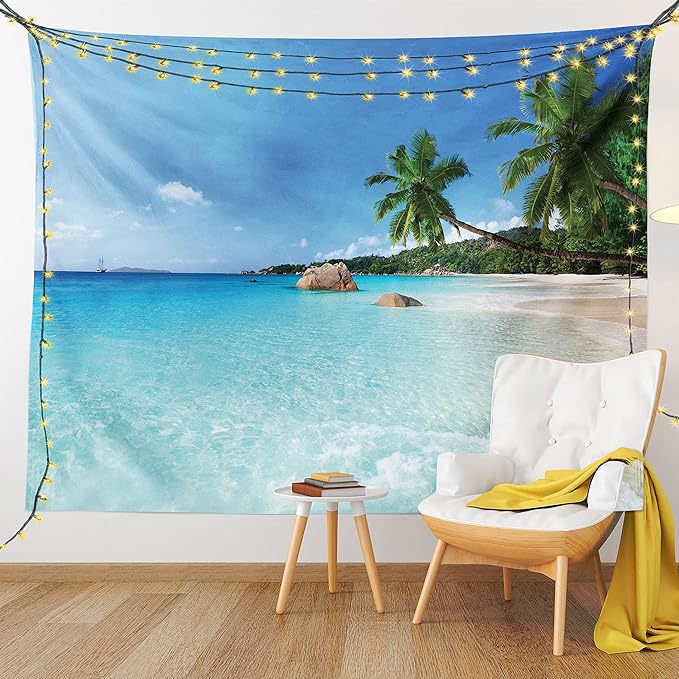 Ambesonne Ocean Tapestry King Size, Anse Lazio Beach at Praslin Island Surfing Beach Scenic View Travel, Wall Hanging Bedspread Bed Cover Wall Decor, 104" X 88", Blue and Turquoise