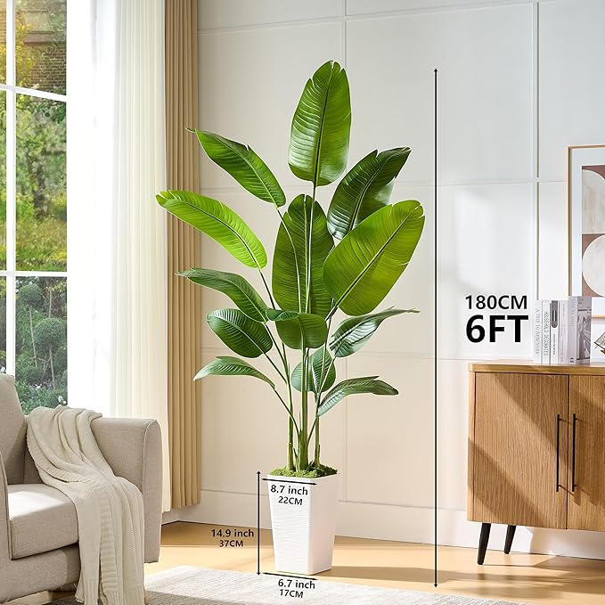 Bird of Paradise Artificial Plant, 6FT Faux Plants Indoor Banana Leaf Tree with 10 Leaves, Large Fake Tropical Potted Indoor Silk Floor Plant with White Tall Planter for House,Office,Room,Home Decor