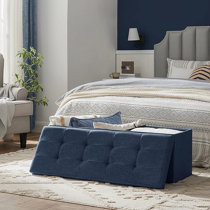 SONGMICS 43 Inches Folding Storage Ottoman Bench, Set of 2, Storage Chest, Foot Rest Stool, Bedroom Bench with Storage, Dark Blue, ULSF432Q01