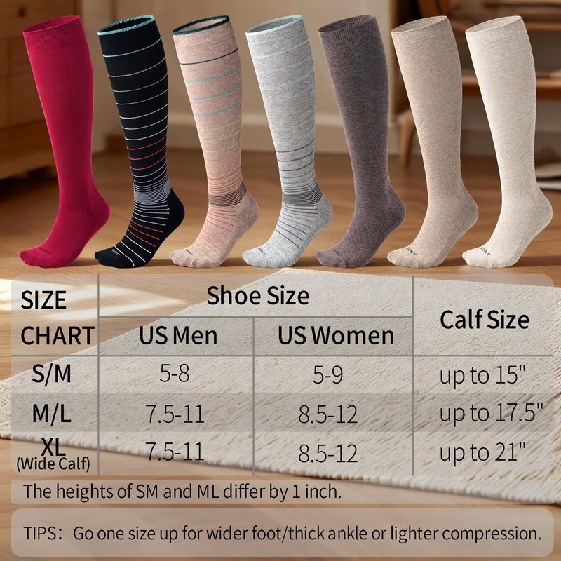 Soft Cotton Compression Socks for Women & Men 20-30 mmHg - Knee High Support Socks with Thick Sole and Seamless Toe