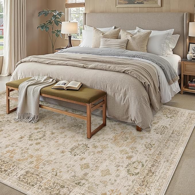 Beige 8x10 Area Rug Non Slip Large Vintage Living Room Distressed Machine Washable Retro Carpet Indoor Bedroom Traditional Floral Accent Throw Rug for Office Kitchen Dorm Dining Room