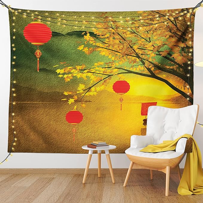 Ambesonne Oriental Tapestry Queen Size, Traditional Chinese Folk Hanging from Pale Fall Trees Lake Faded Nature Photo, Wall Hanging Bedspread Bed Cover Wall Decor, 88" X 88", Yellow Green