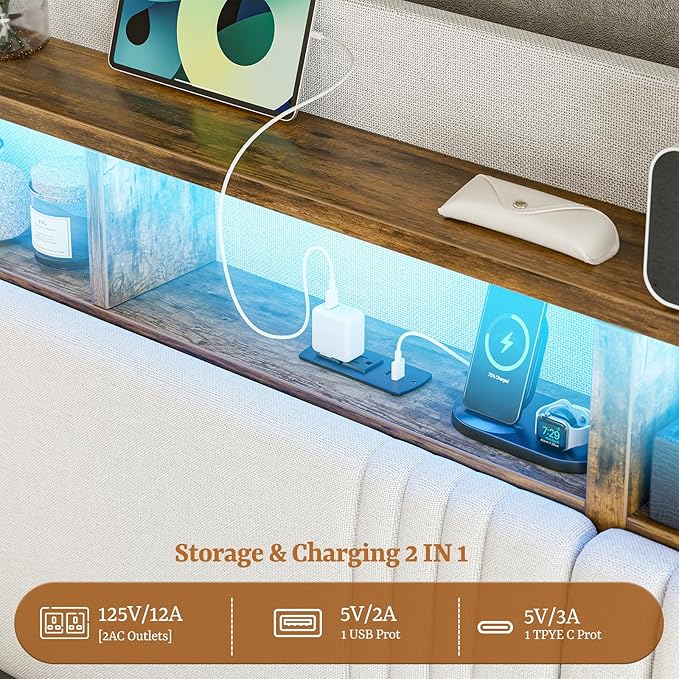 IKIFLY Queen Bed Frame with Hidden Storage Headboard & 4 Drawers, 49.2” Tall Upholstered Wingback Headboard with LED Lights and Charging Station, No Box Spring Needed, Solid Wood Slats, White