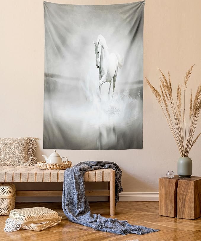 Ambesonne Horses Tapestry, Wild Horse Running Through Water Dramatic for the Motivation of Life Art, Fabric Wall Hanging Decor for Bedroom Living Room Dorm, 23" X 28", Black and White