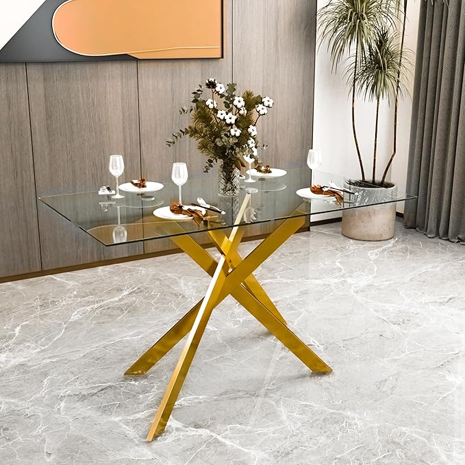 HomVent 51.18"" Rectangular Clear Tempered Glass Dining Table,Stylish Design with Golden Metal Legs, Glass Kitchen Table Glass Dining Room Table Glass Dinner Table for Dining Room, Gold10