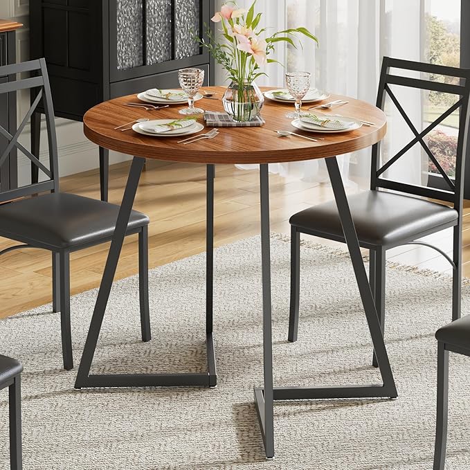 VECELO 35" Round Dining Table for 4, Wood-Grain Tabletop & Heavy-Duty Steel Frame, for Kitchen, Living Room, Easy Assembly, Walnut