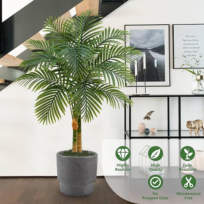 Artificial Palm Tree Indoor Plant Tall Fake Tropical Palm Tree in Pot with Real Bark Design Faux Areca Palm Tree for Home Office Living Room Bedroom Farmhouse Modern Outdoor Decor (13 Leaves 4 FT)
