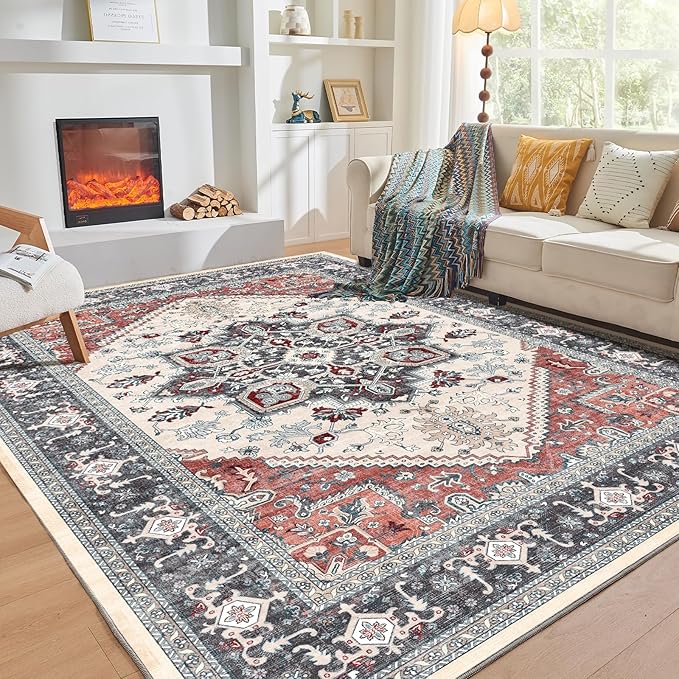OPPODREAM Thin Area Rugs 9x12 Living Room, Washable Rugs 9x12 with Non Slip Backing, Faux Cashmere Low-Pile 9 x 12 Carpet, Black & Red