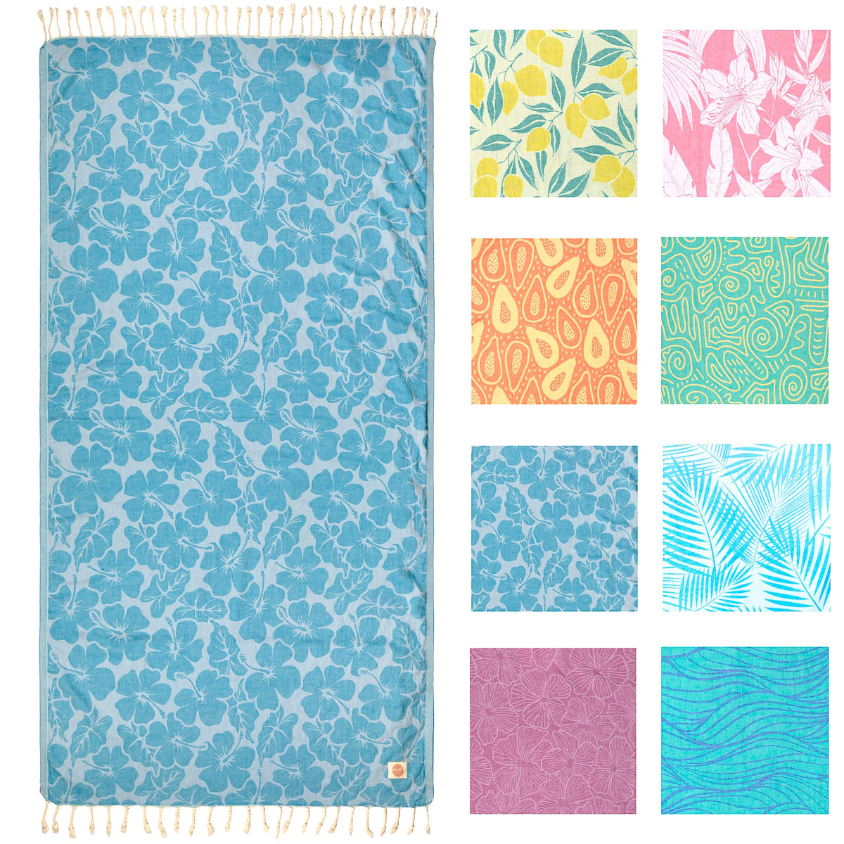 Nova Blue Hibiscus Turkish Beach Towel (35 X 67) - Oversize Sandproof, 100% Turkish Cotton, Quick Drying With Unique Designs