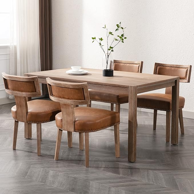 Mid Century Modern Dining Chairs Set of 6, Farmhouse Dining Chairs with Nailhead Trim, Faux Leather Upholstered Dining Room Chairs Kitchen Chairs with Wood Legs, Brown