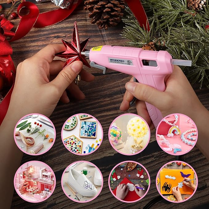 WORKPRO Mini Hot Glue Gun with 20 Pcs Hot Glue Sticks, Glue Gun Kit for Decorations, Arts, Crafts, School DIY Projects and Home Repairs- Pink Ribbon