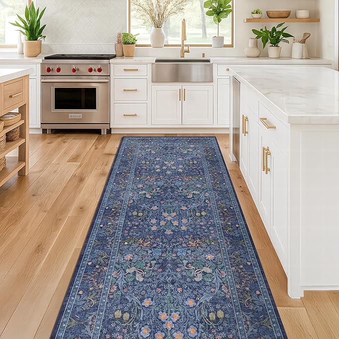 Dark Blue 2'6" x 8' Runners for Hallways Non Slip, Extra Long Floor Runner for Kitchen, Entryway Indoor, Washable Rubber Backing Stain Resistant - Vintage Navy Blue Floral Décor