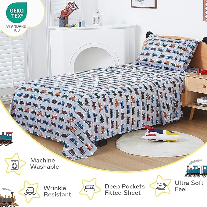 Viviland 3 Pieces Boys Grey Twin Sheet Set - Soft Microfiber Fitted Flat Sheets & Pillowcase - Retro Train Print Bedding Sets - for Kids & Toddlers