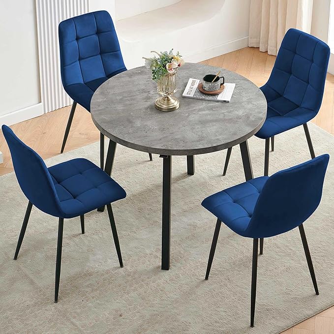 5-Piece Dining Room Table Set for 4, Round Kitchen Table Set, Grey Engineered Wood Coffee Breakfast Table with Hooks, 4 Soft Velvet Kitchen Dining Chairs, Metal Legs