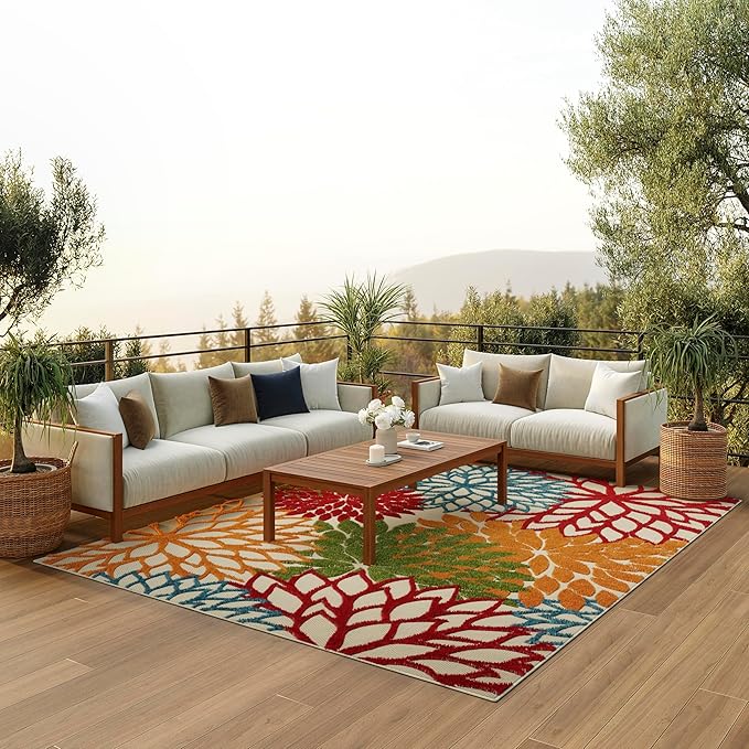 Nourison Aloha Indoor/Outdoor Green 9' x 12' Area Rug, Tropical, Botanical, Easy Cleaning, Non Shedding, Bed Room, Living Room, Dining Room, Deck, Backyard, Patio (9x12)